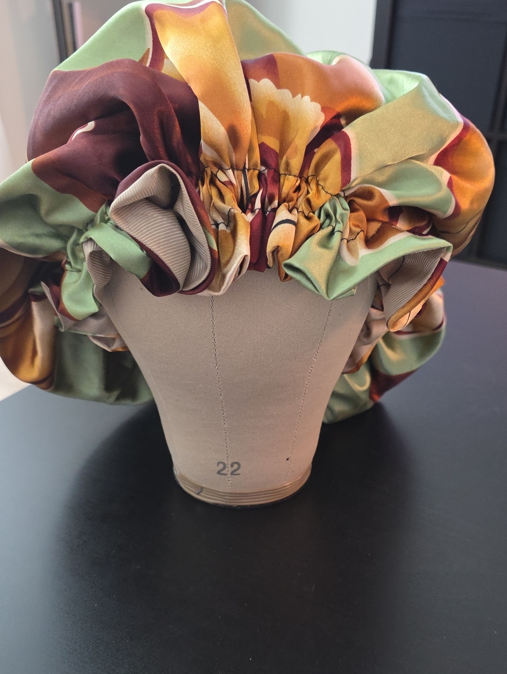 Handmade Hair Bonnet In Green With Brown Floral Print
